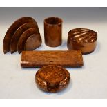 Collection of treen burrwood items including letter rack, coasters, pen pot and two boxes Condition: