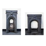 Two antique cast iron fire places of matching design, 48cm and 62.5cm wide respectively (2)