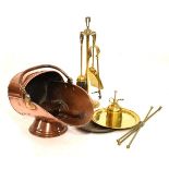 Group of metal work comprising a copper coal scuttle, shovel with wooden handle, brass companion