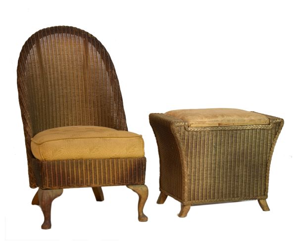 Lloyd Loom style woven wicker scoop back occasional chair and box stool (2) Condition: