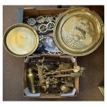 Large selection of brass ware to include; Martingales, fire irons, chamber candlestick, horse