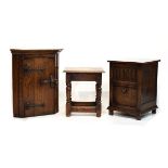 Three items of oak furniture comprising: a stool in 17th Century taste, a wall hanging corner