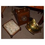 Late Victorian Aesthetic period brass-mounted oak coal scuttle, together with a brass coal helmet