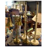 Pair of lacquered brass table lamps, each having an adjustable tubular stem, together with a pair of