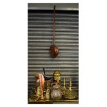 Selection of brass and copper ware to include; unusual Middle Eastern water bottle with five-pointed