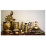 Group of assorted brass wares to include; coal helmet, bellows, pair of candlesticks, martingales,