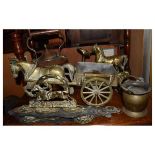 Assorted metalwares to include; copper kettle, brass horse and cart, pair of coat hooks with horse