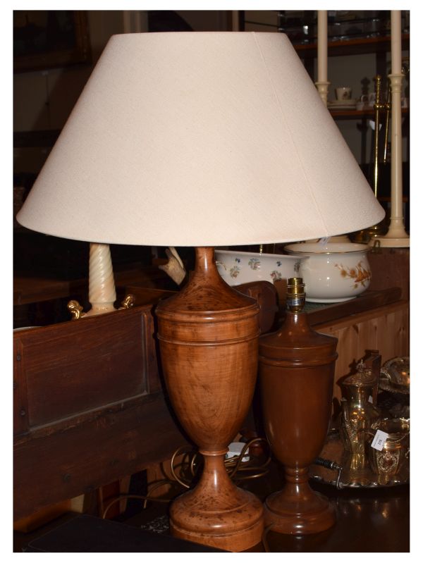 Treen - Two turned wooden urn shaped table lamp bases, one with shade Condition: