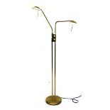 Brass effect standard lamp of anglepoise type with two adjustable lights and dimmer switches