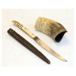 Ethnographica - Bone handled Inuit knife with leather scabbard, together with a section of scrimshaw