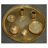 Small group of Eastern brass ware to include; large lobed tray decorated with engraved medallions,