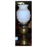 Brass paraffin lamp with Duplex double burner and pale pink moulded glass shade Condition: