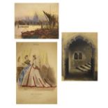 Folio of assorted 19th Century and later prints to include; two hand coloured 'Paris Fashions'