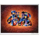 Four various modern prints comprising a signed Russian study of Harlequins, a signed limited edition