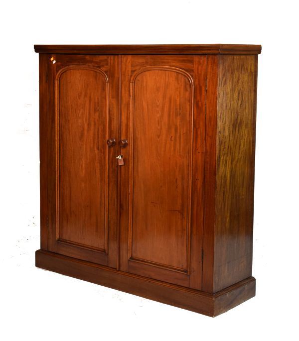 Victorian mahogany two door cupboard or side cabinet, the rectangular top over a pair of arch-