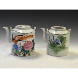 Pair of early 20th Century Japanese porcelain cylindrical tea or wine pots, each having polychrome
