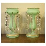 Pair of 19th Century pale green frosted glass lustre drop vases Condition: