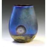 Large Siddy Langley studio glass vase having typical mottled iridescent decoration, etched signature