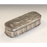 Dutch embossed white metal rectangular tobacco box typically decorated in relief with country