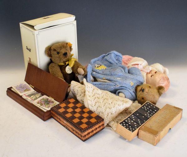 Modern Steiff 'Classic 1909' teddy bear, vintage teddy bear, 1950's period doll, dominoes etc