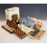 Modern Steiff 'Classic 1909' teddy bear, vintage teddy bear, 1950's period doll, dominoes etc