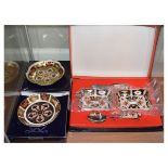Pair of modern Royal Crown Derby preserve dishes with spoon and knife decorated in an Imari
