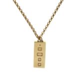 9ct gold ingot-form pendant, together with a 9ct gold belcher-link chain of approx 60cm length,