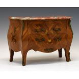 Reproduction 18th Century style marquetry commode having a marble top, brass mounts, fitted two
