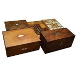 19th Century mahogany tea caddy, writing box, figured walnut work box and two Indian trinket trays