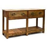 Part 18th Century oak and pine low dresser fitted two drawers and standing on square supports united