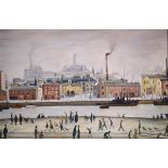 After L.S. Lowry - Oil on canvas - A Northern industrial view with figures, 39cm x 59cm, framed
