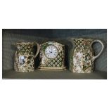 Masons Applique pattern cased mantel clock together with two similar octagonal jugs Condition: