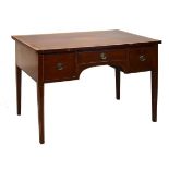 Edwardian Sheraton style rectangular topped kneehole side table, the top with shell inlay and