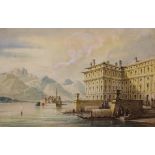 19th Century Continental School - Watercolour - An Alpine lakeland view with barges at a stately