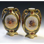 Pair of large late 19th/early 20th Century Continental porcelain oval two handled vases decorated in