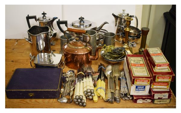 Silver plated four piece tea service, other silver plated wares, copper kettle, plated cutlery etc