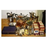 Silver plated four piece tea service, other silver plated wares, copper kettle, plated cutlery etc