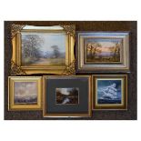 Group of five small modern oil paintings including works by James Wright and Wilhelmina Somers