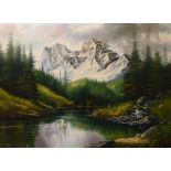Andrew G. Kurtis - Large oil on canvas - An Alpine view, 90cm x 119.5cm, signed, framed Condition: