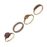 Four assorted rings comprising: 9ct gold cluster ring set red and clear stones, 9ct gold ring set