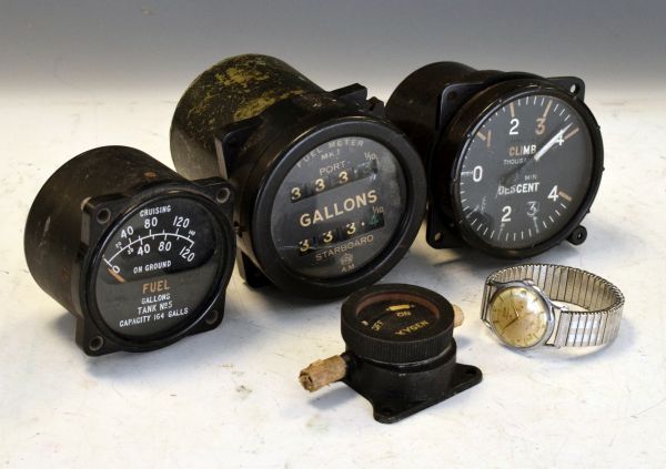 Collection of World War II aircraft cockpit instruments from a Lancaster bomber comprising: Oxy Flow