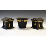 Pair of Wedgwood cane on black basalt Library Collection architectural boxes and covers, 11cm