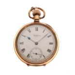 Gold plated open face pocket watch, Waltham Watch Co USA, the white Roman dial with subsidiary