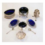 Pair of Edward VII oval silver salts with blue glass liners, Chester 1902, together with four