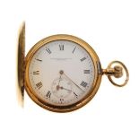 18ct gold full hunter cased pocket watch, the white Roman dial inscribed Schierwater and Lloyd