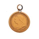 Gold Coins - Late Victorian half sovereign, 1901, in plain 9ct gold circular pendant frame