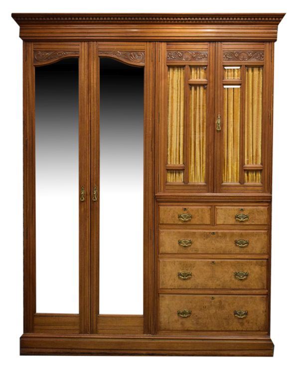 Edwardian walnut and burr walnut combination wardrobe, the left hand side fitted two bevelled mirror