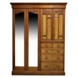 Edwardian walnut and burr walnut combination wardrobe, the left hand side fitted two bevelled mirror
