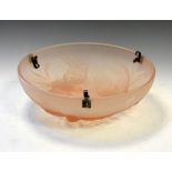 1930's period pink frosted and moulded glass ceiling light dome decorated with birds in flight in