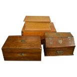 Edwardian brass mounted oak trinket box, Victorian walnut writing box and two other boxes Condition: